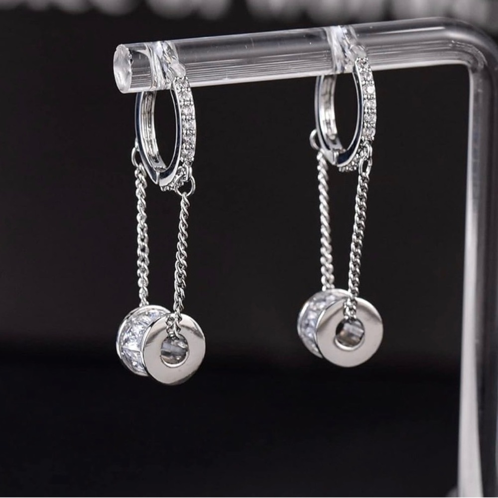 Silver CZ Dangle Chain Hoop Earrings